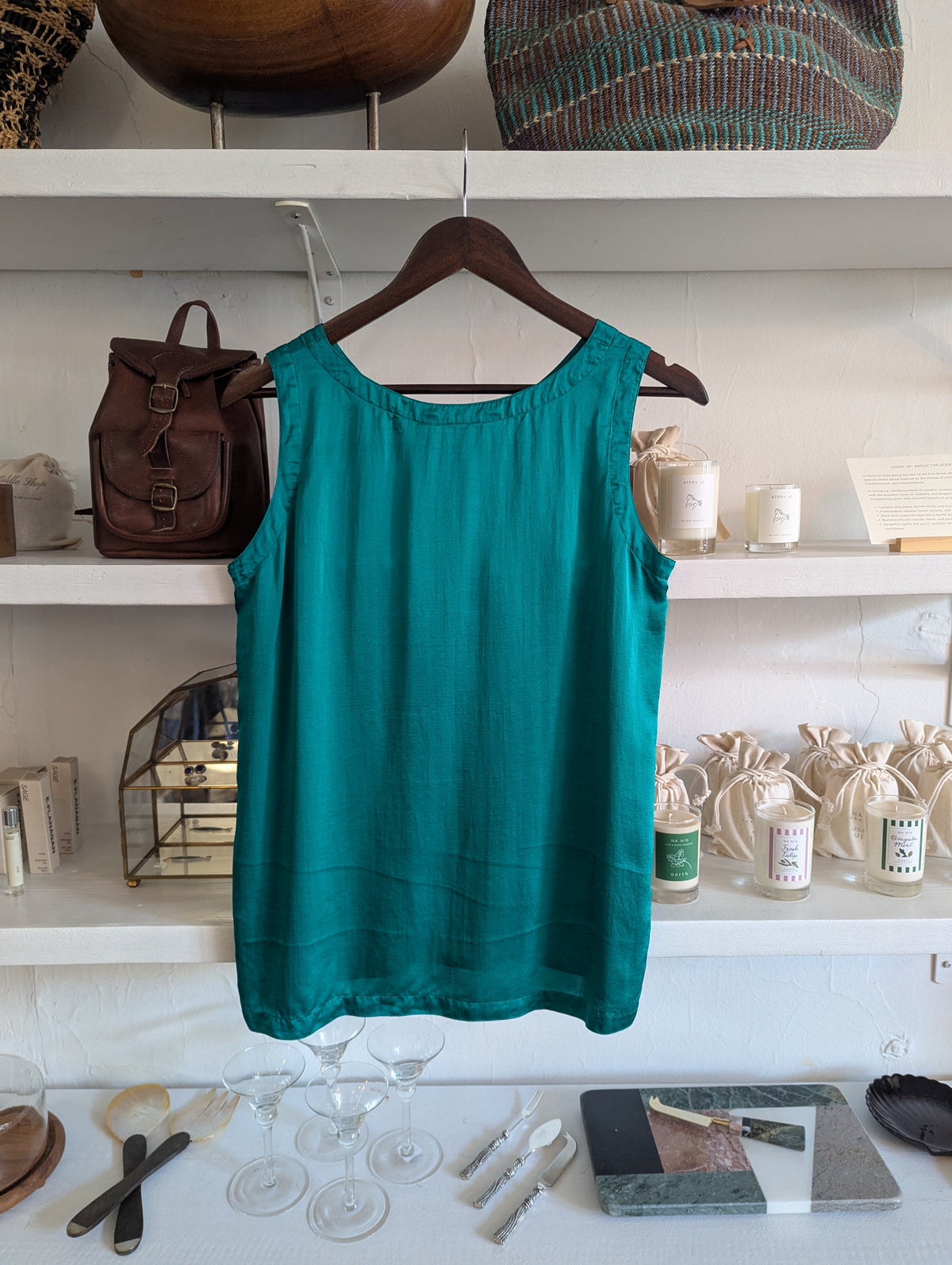 Vintage Teal Satin Silk Tank Top