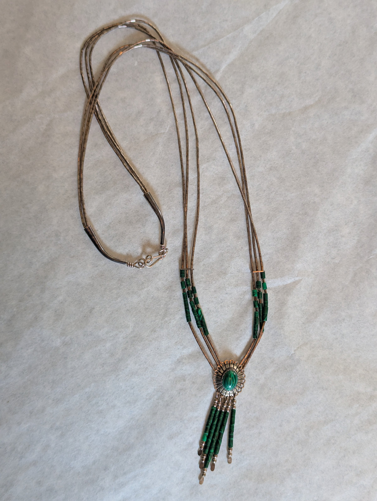 Vintage Malachite and Silver Fringe Pendant Multi-Strand Necklace