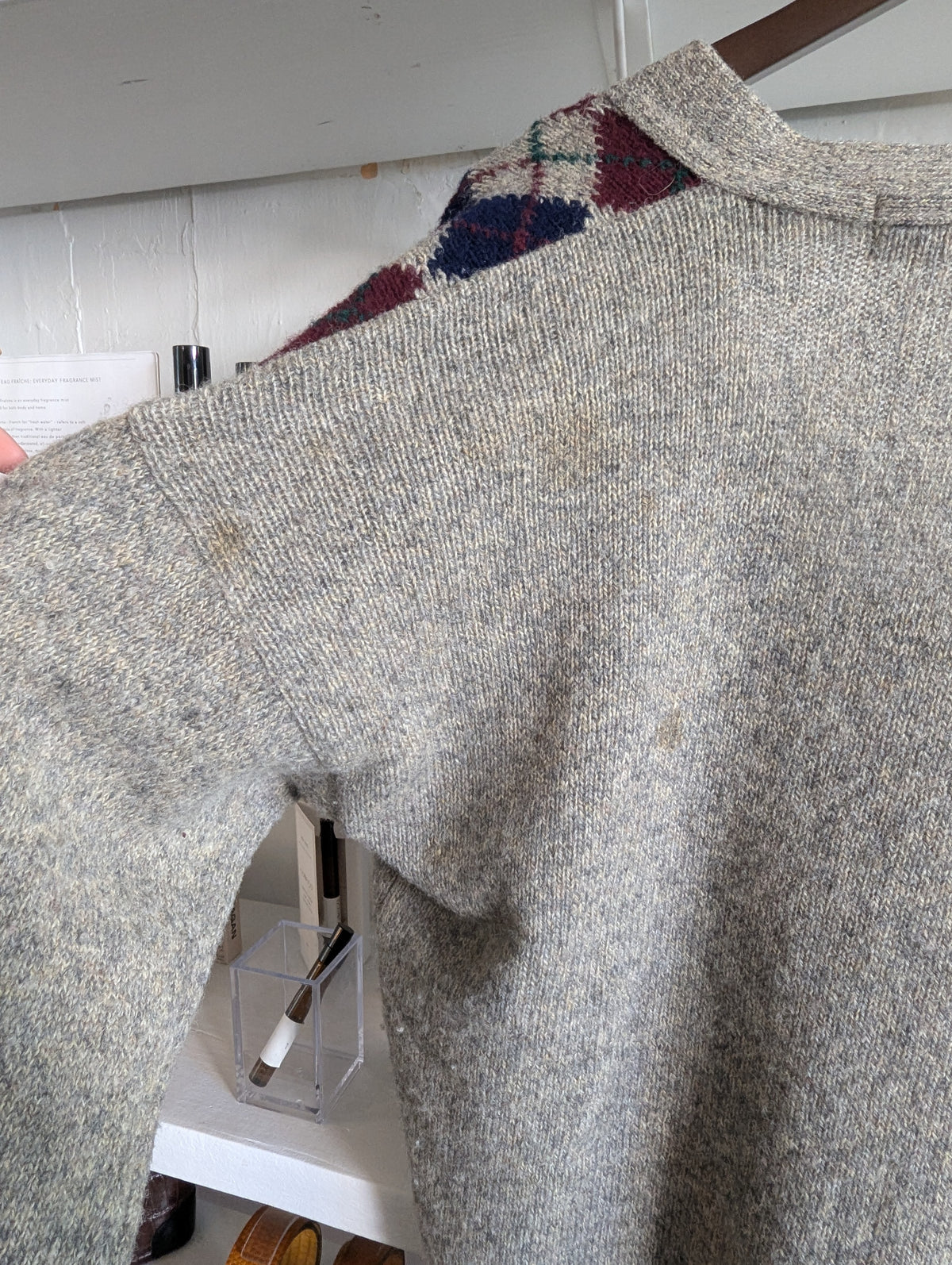 Vintage Oversized Argyle Wool Heathered Gray Cardigan