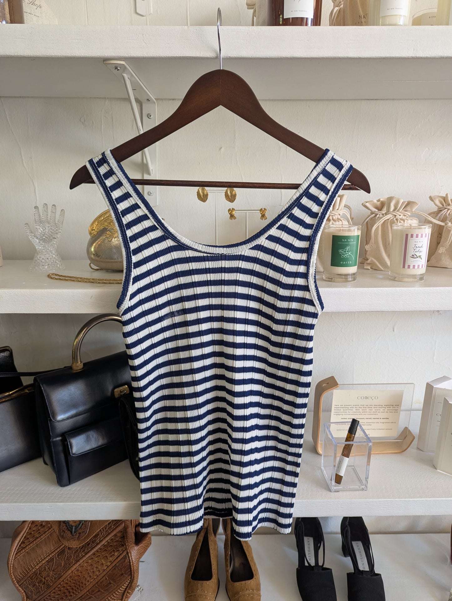 Vintage Ribbed Knit Navy Stripe Tank Top