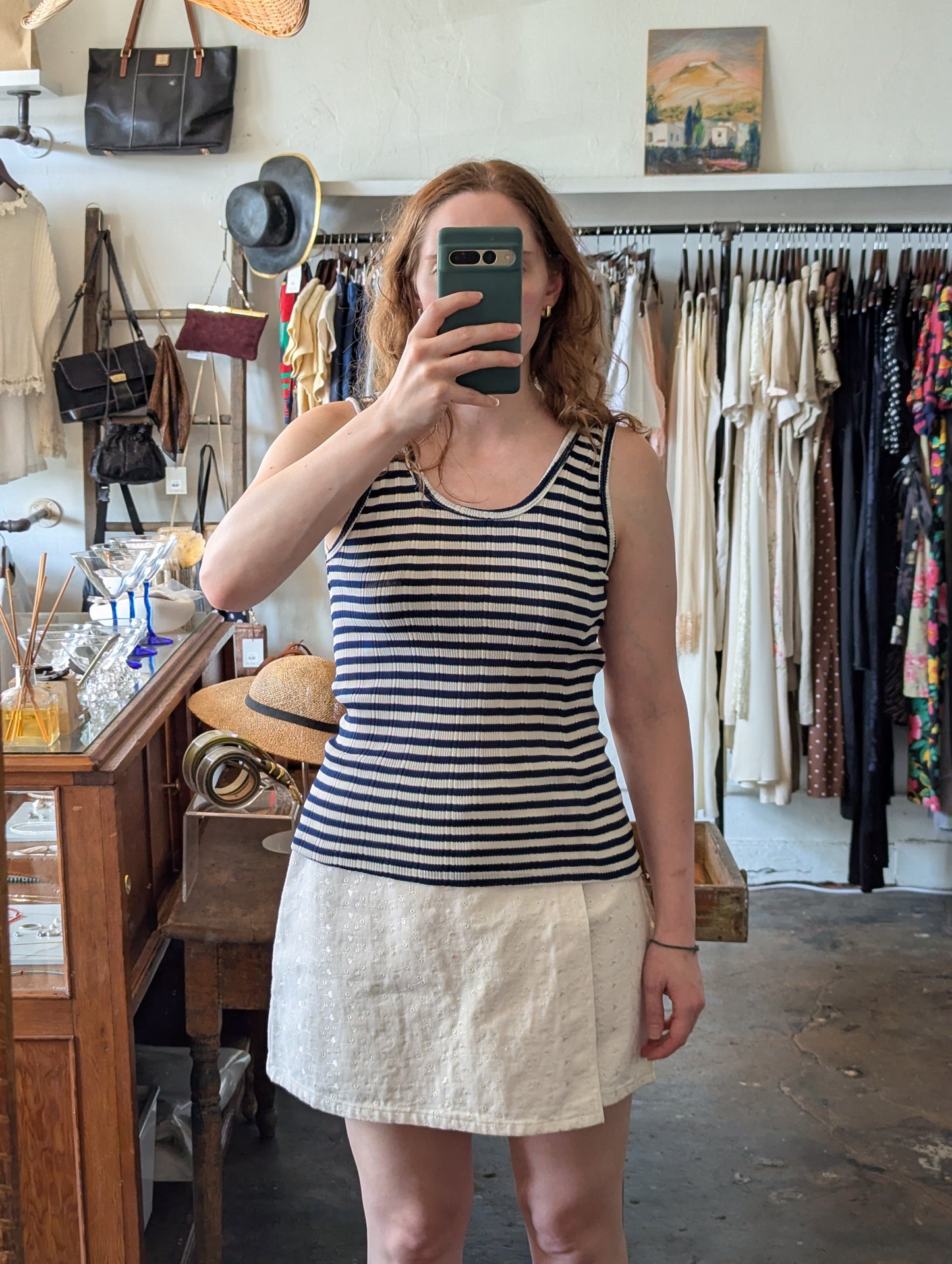 Vintage Ribbed Knit Navy Stripe Tank Top