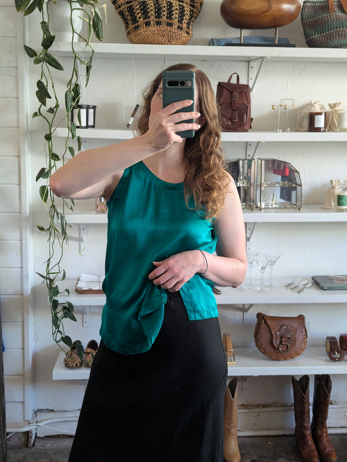 Vintage Teal Satin Silk Tank Top
