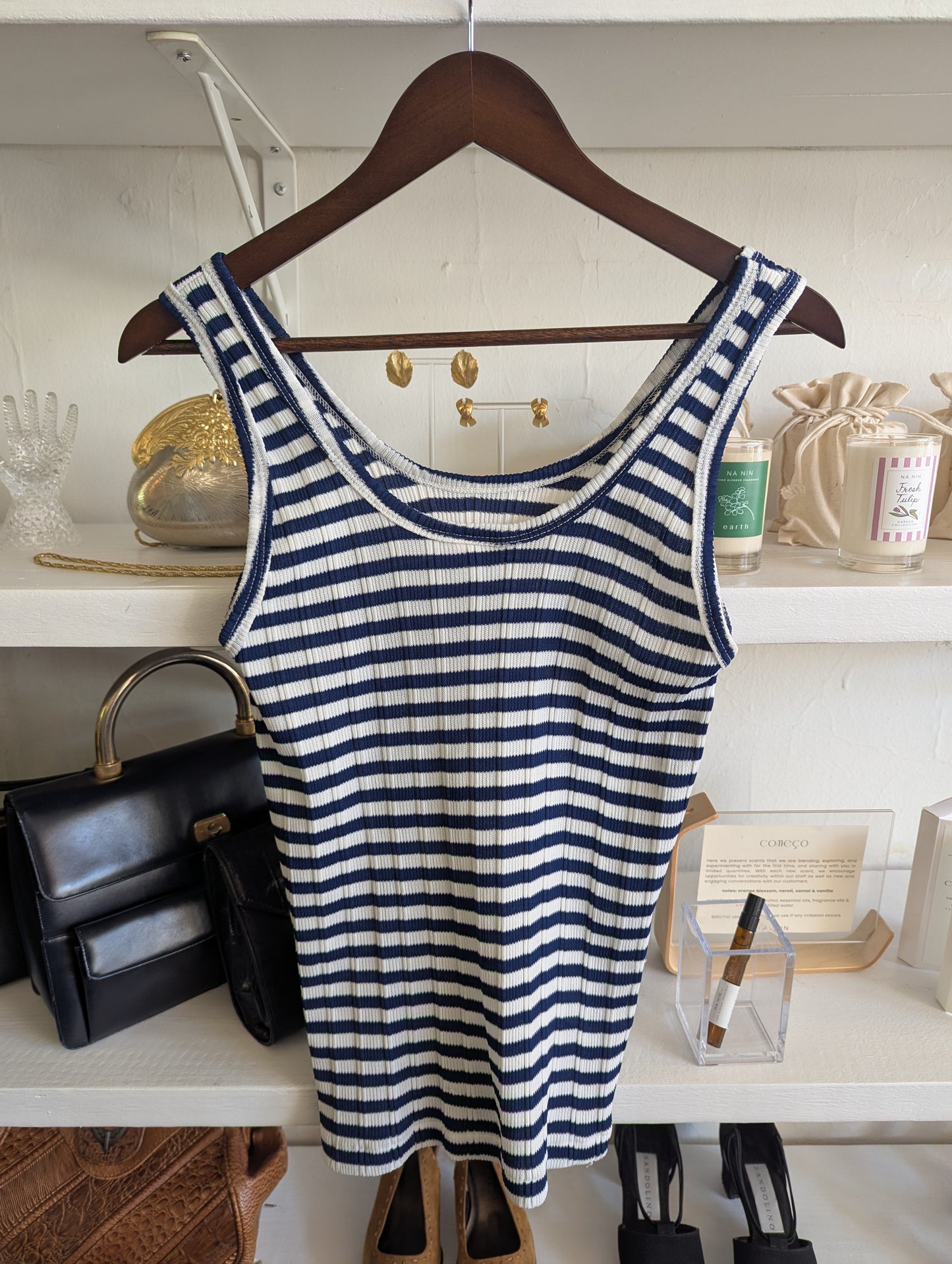 Vintage Ribbed Knit Navy Stripe Tank Top