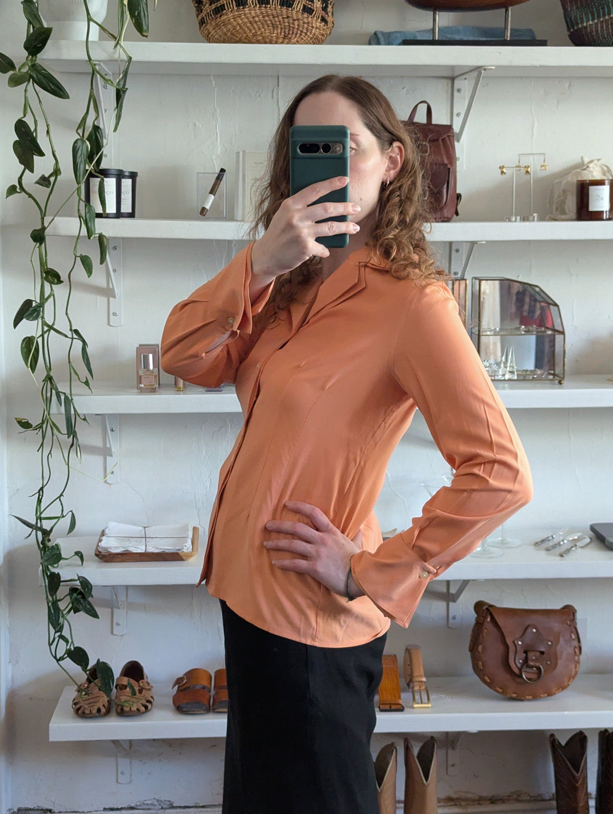 Vintage Salmon Silk Layered Collar Blouse