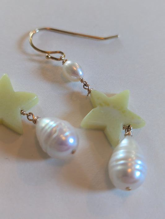 Jade Star and Pearl Earrings by giantlion