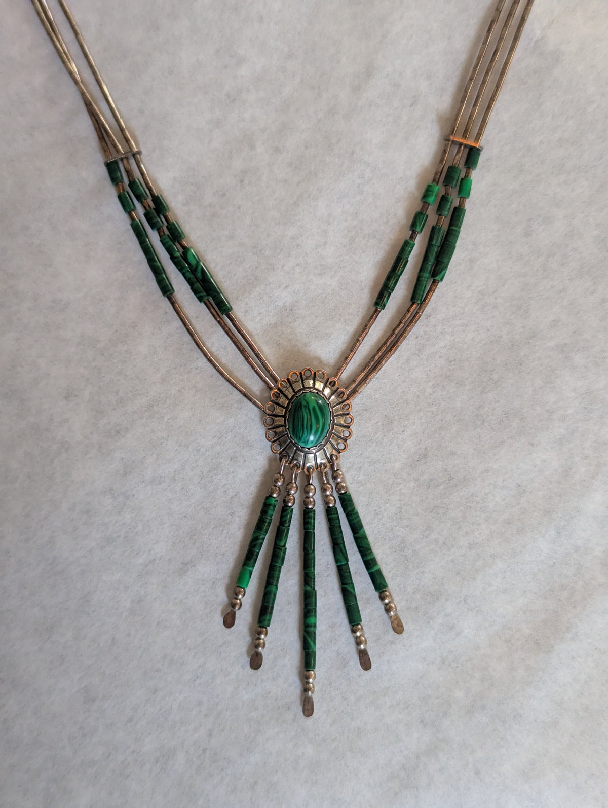 Vintage Malachite and Silver Fringe Pendant Multi-Strand Necklace