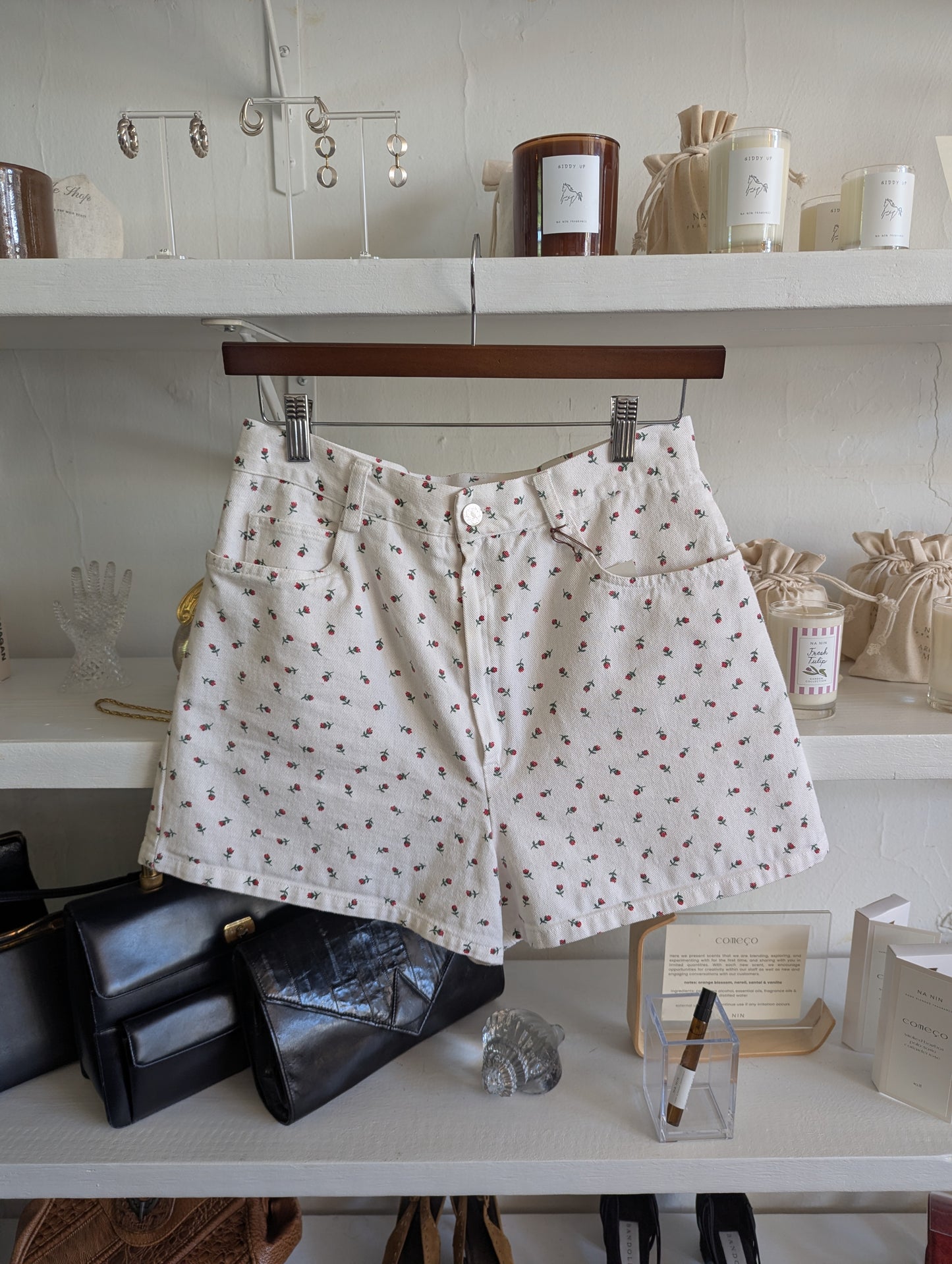 Vintage Rosebud Print Denim Shorts