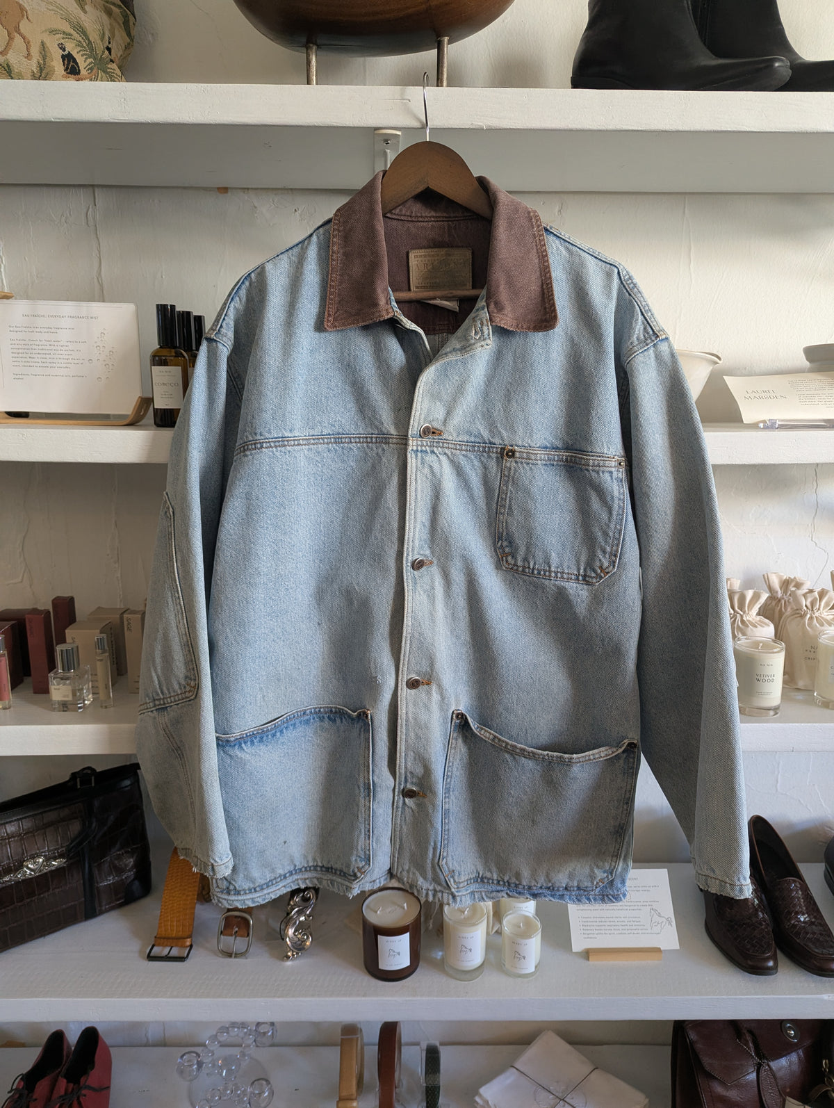 Vintage Light-Wash Denim and Cocoa Twill Chore Coat