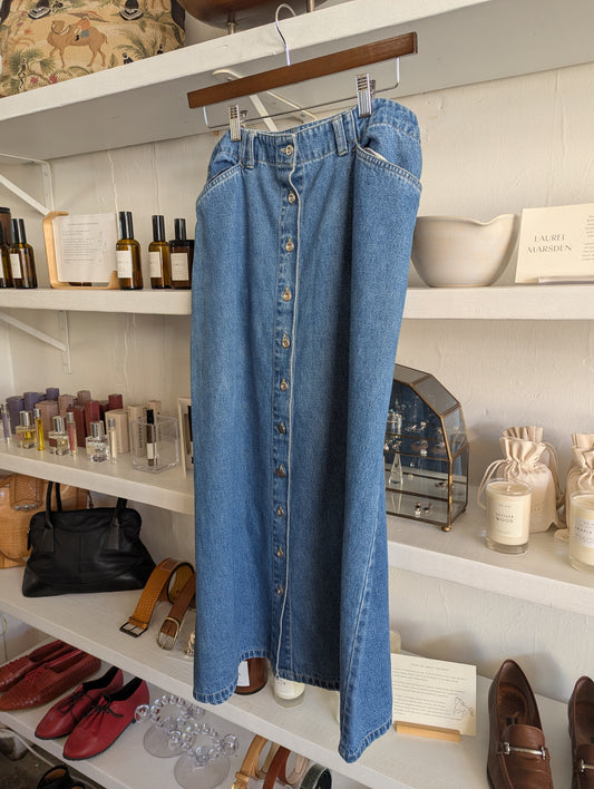 Vintage Button Down Denim Midi Skirt