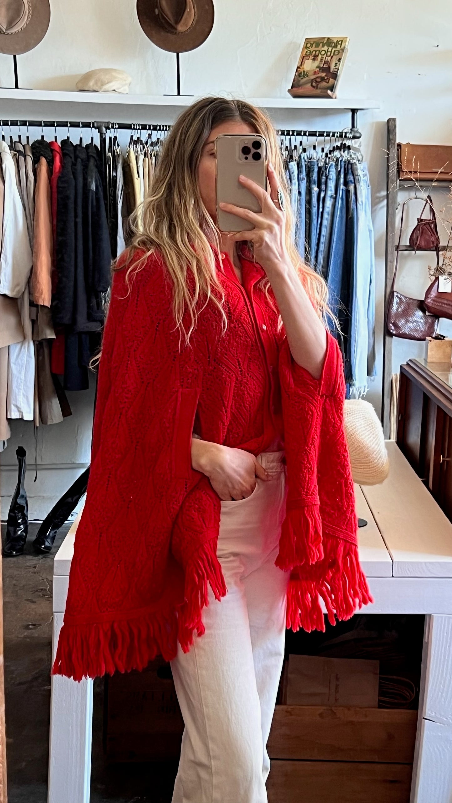 Vintage Crimson Knit Collared Ruana