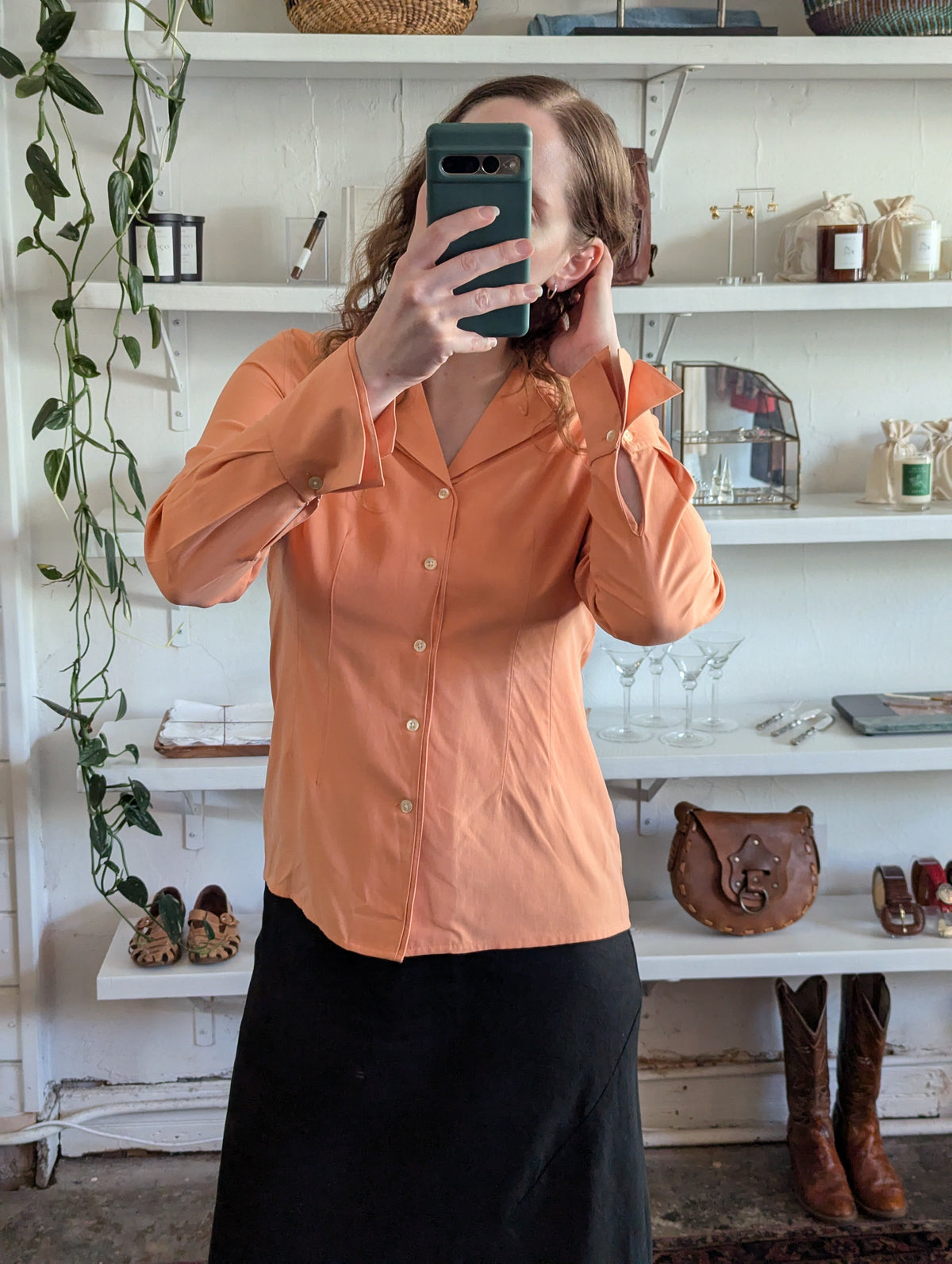 Vintage Salmon Silk Layered Collar Blouse