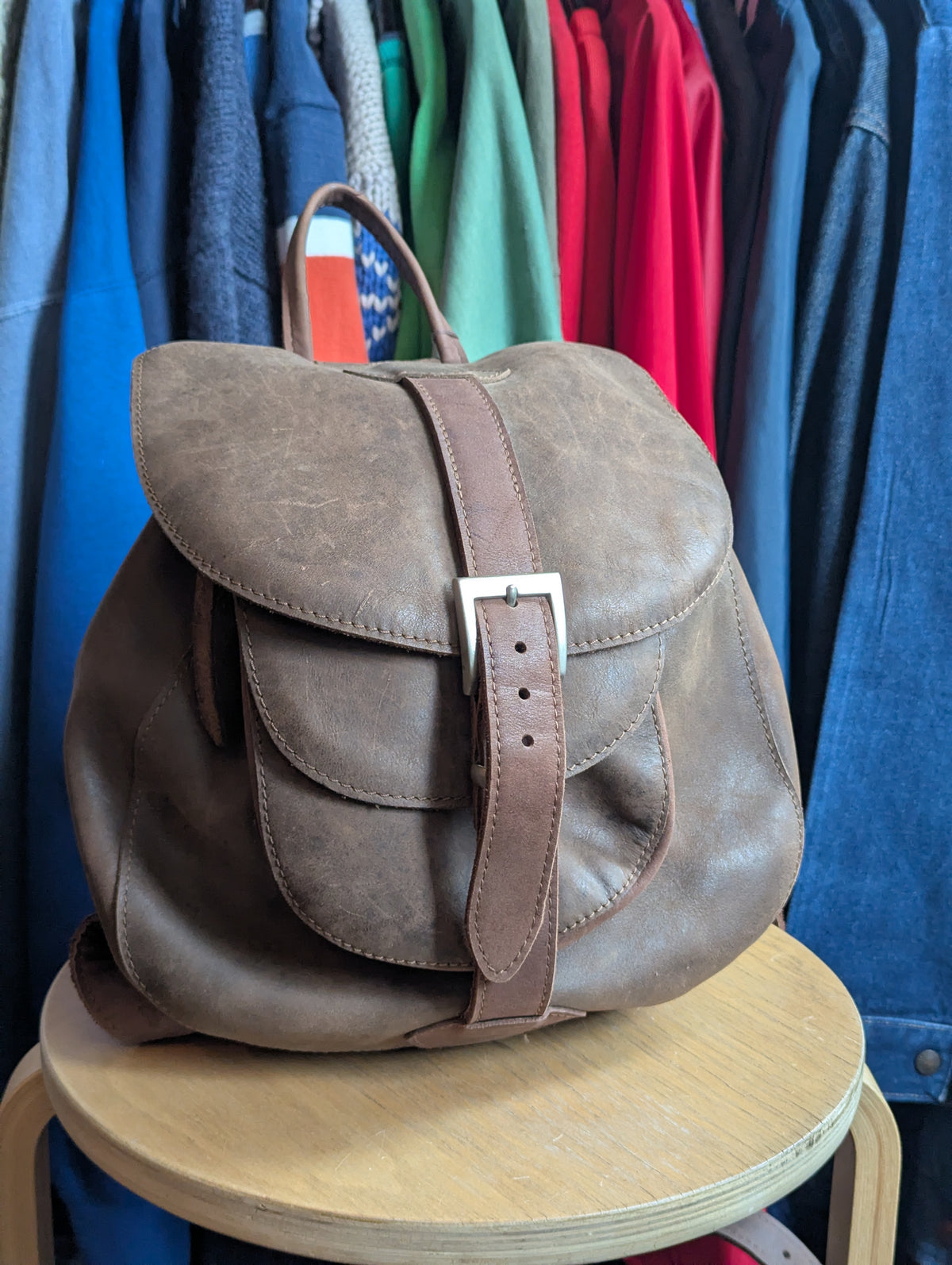 Vintage Rounded Leather Buckled Flap Backpack