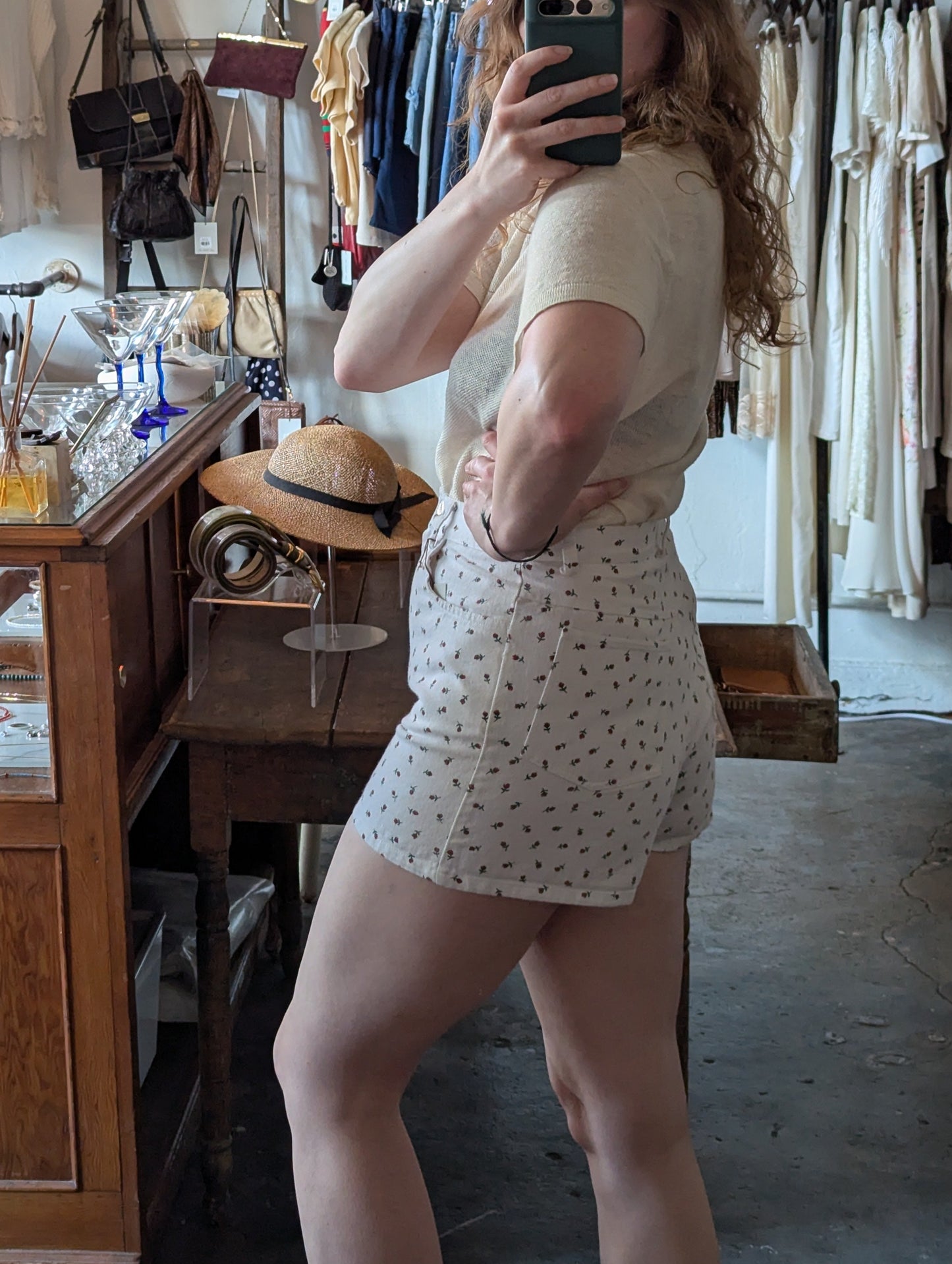 Vintage Rosebud Print Denim Shorts