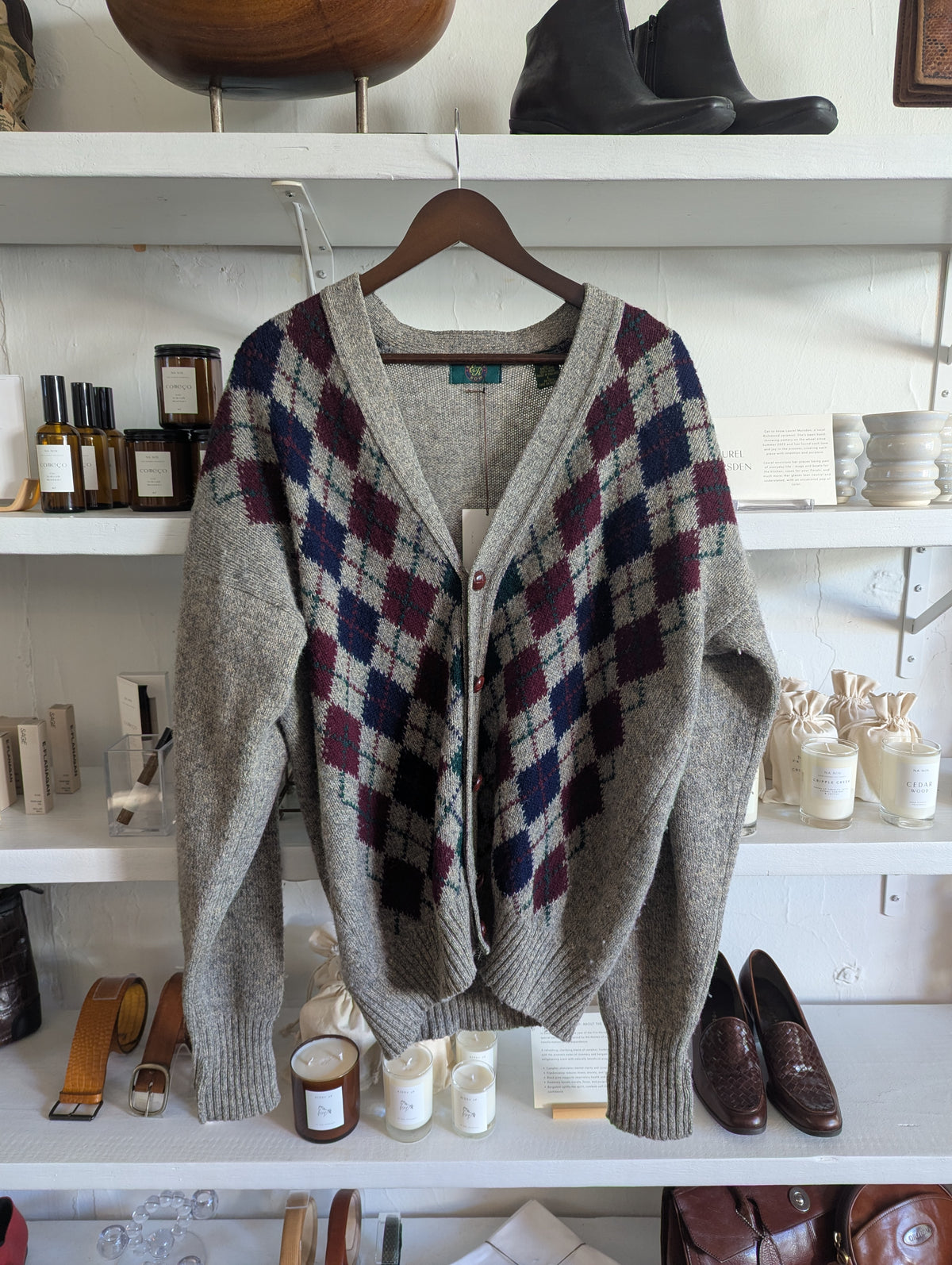 Vintage Oversized Argyle Wool Heathered Gray Cardigan