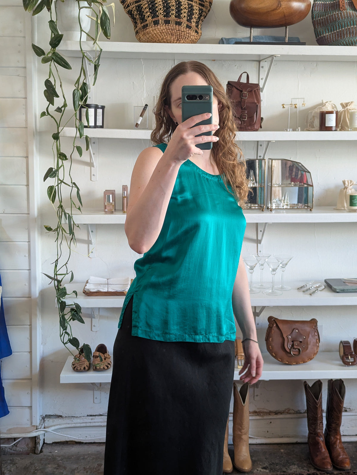 Vintage Teal Satin Silk Tank Top