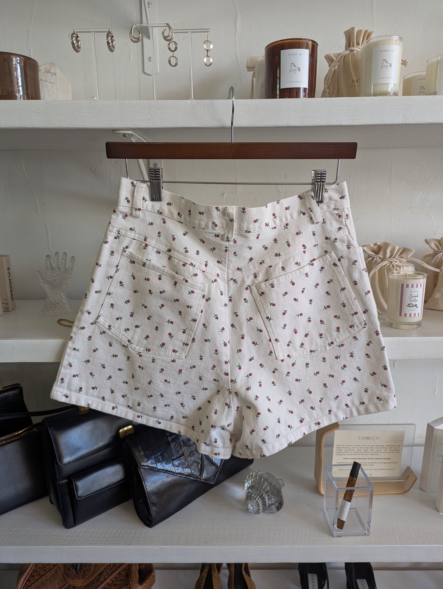 Vintage Rosebud Print Denim Shorts