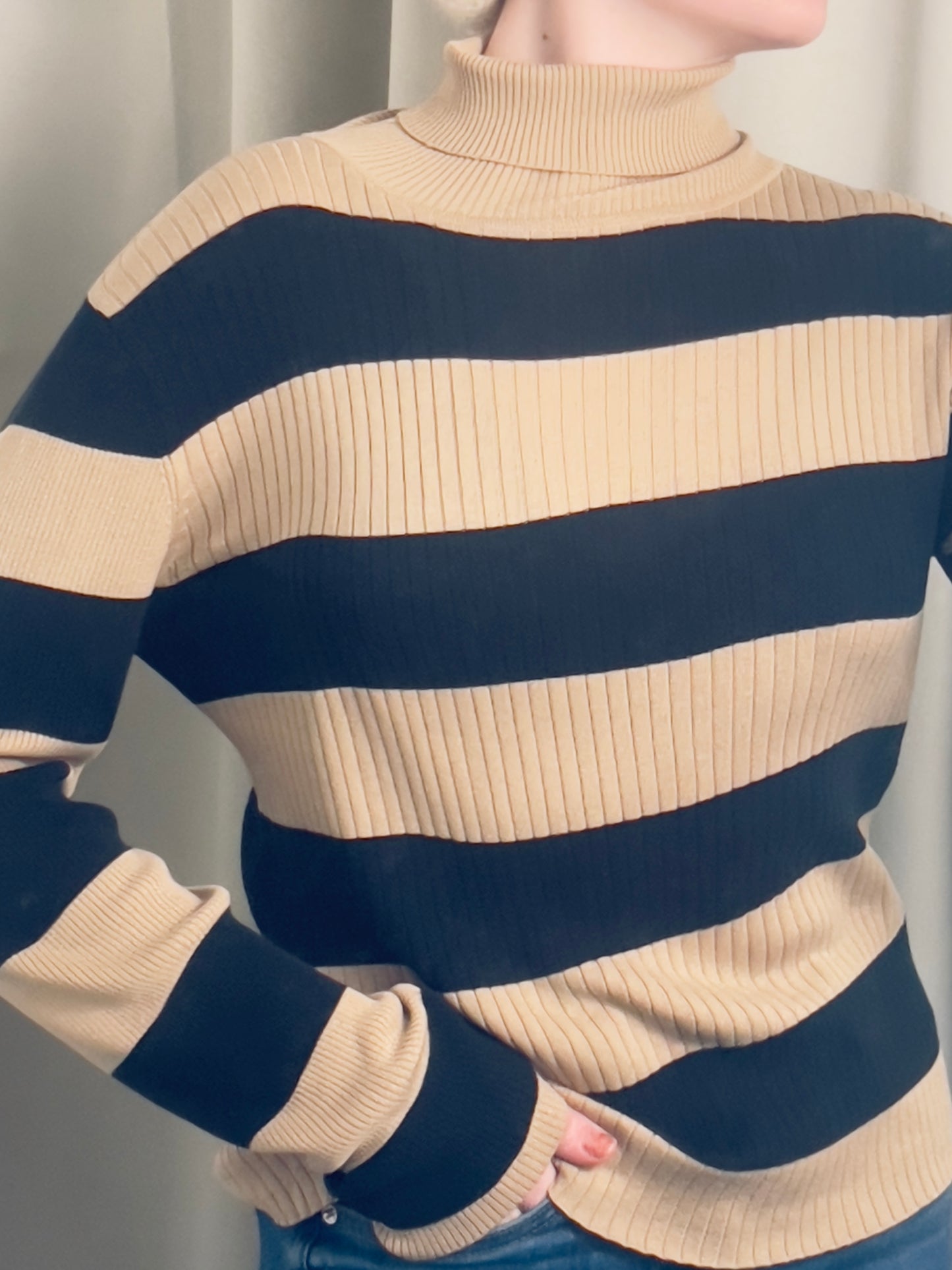 Vintage Warm Taupe Stripe-Pattern Turtleneck