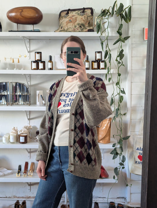 Vintage Oversized Argyle Wool Heathered Gray Cardigan