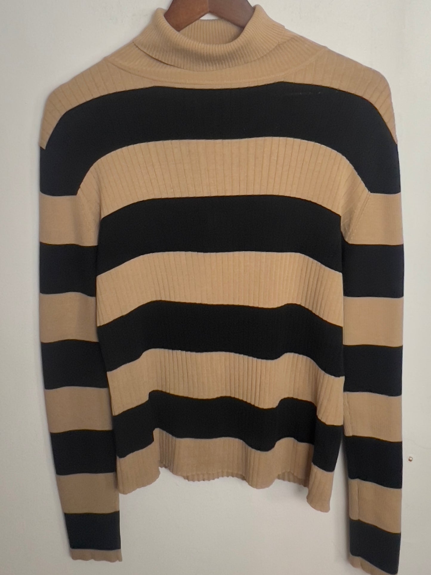 Vintage Warm Taupe Stripe-Pattern Turtleneck