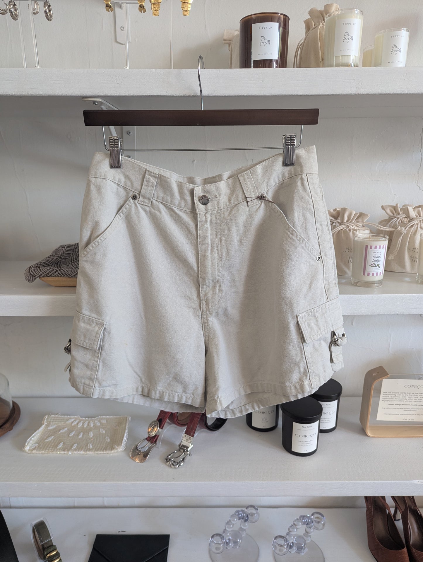 Vintage High-Waisted Khaki Utility Shorts