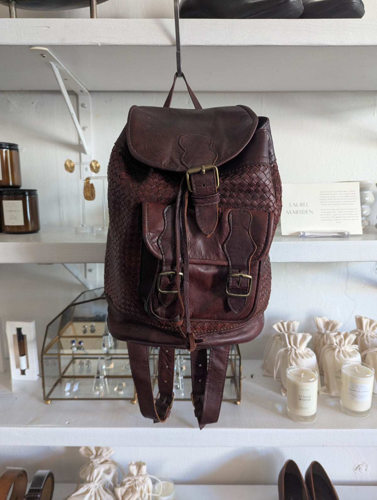 Vintage Woven Burgundy Brown Leather Backpack