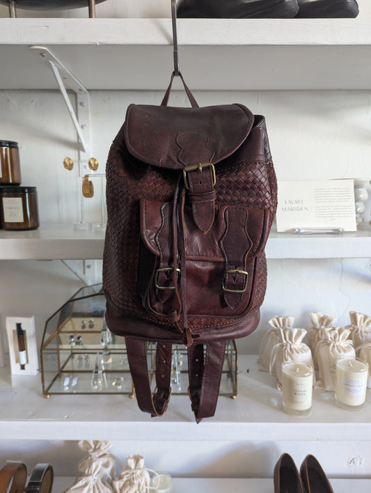 Vintage Woven Burgundy Brown Leather Backpack