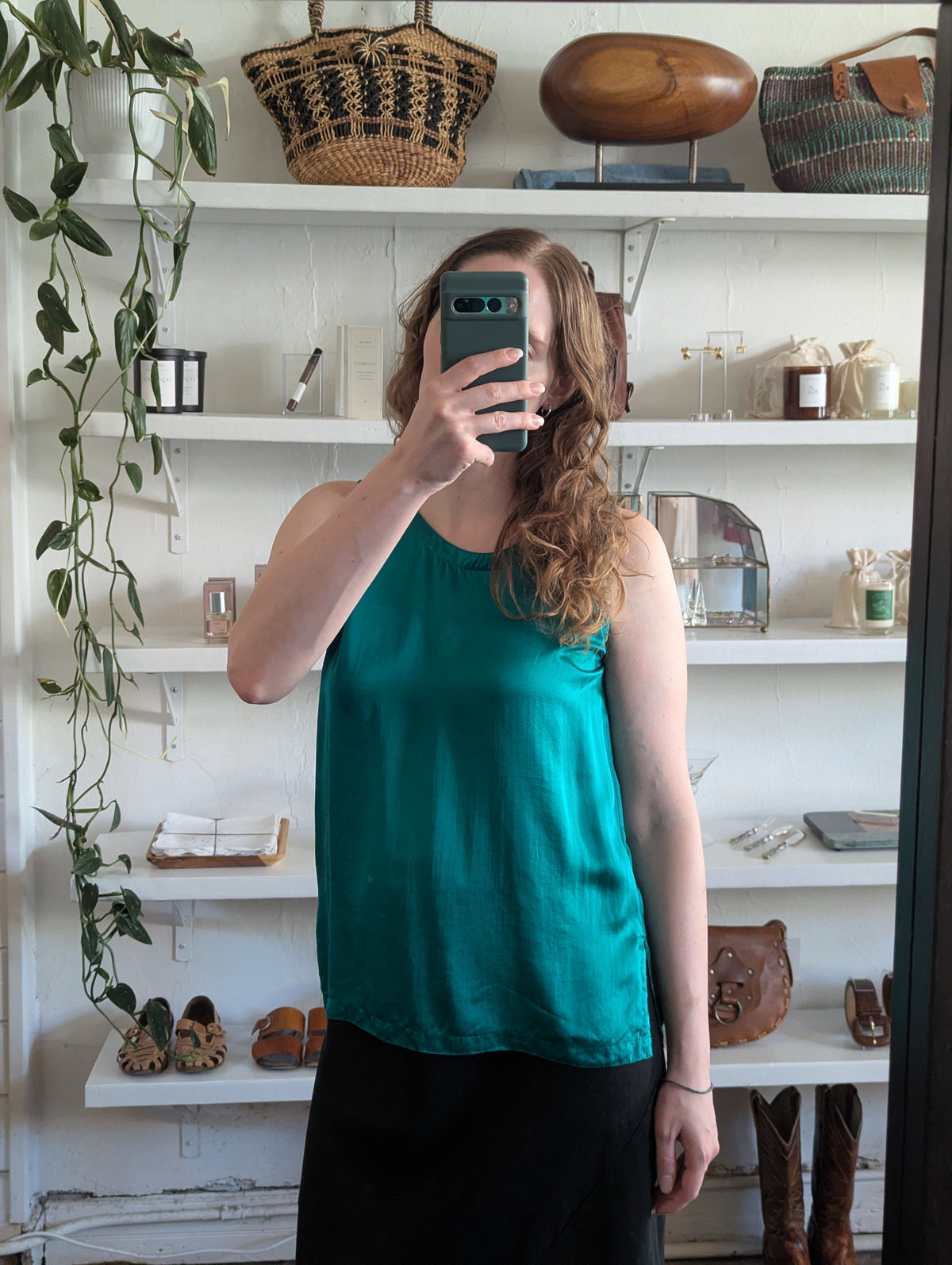 Vintage Teal Satin Silk Tank Top