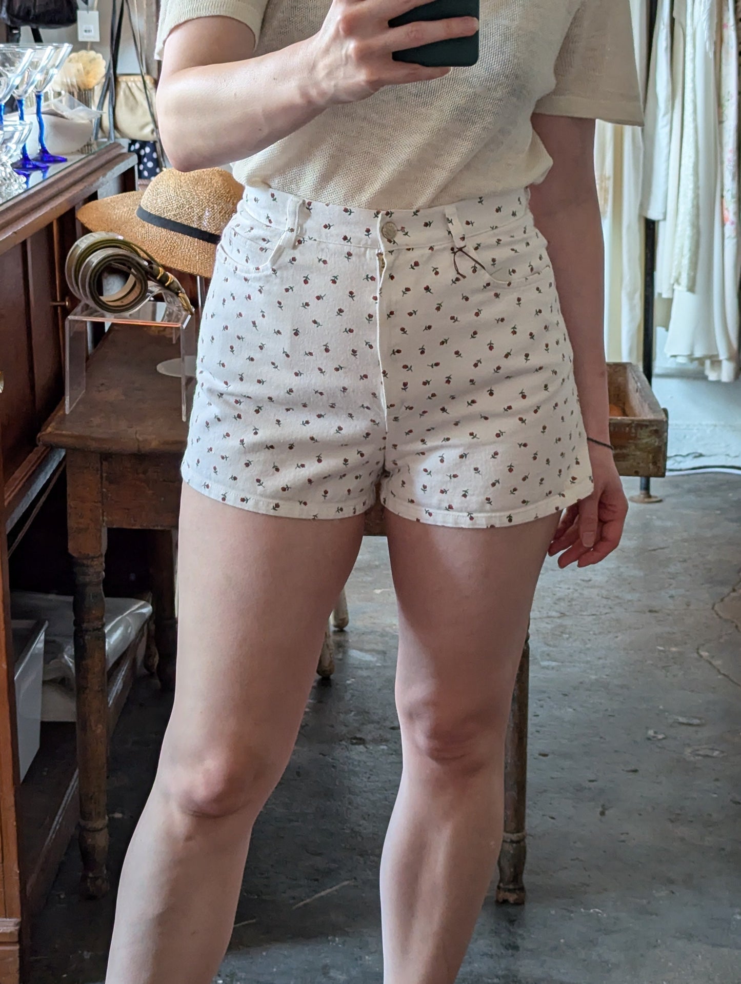 Vintage Rosebud Print Denim Shorts