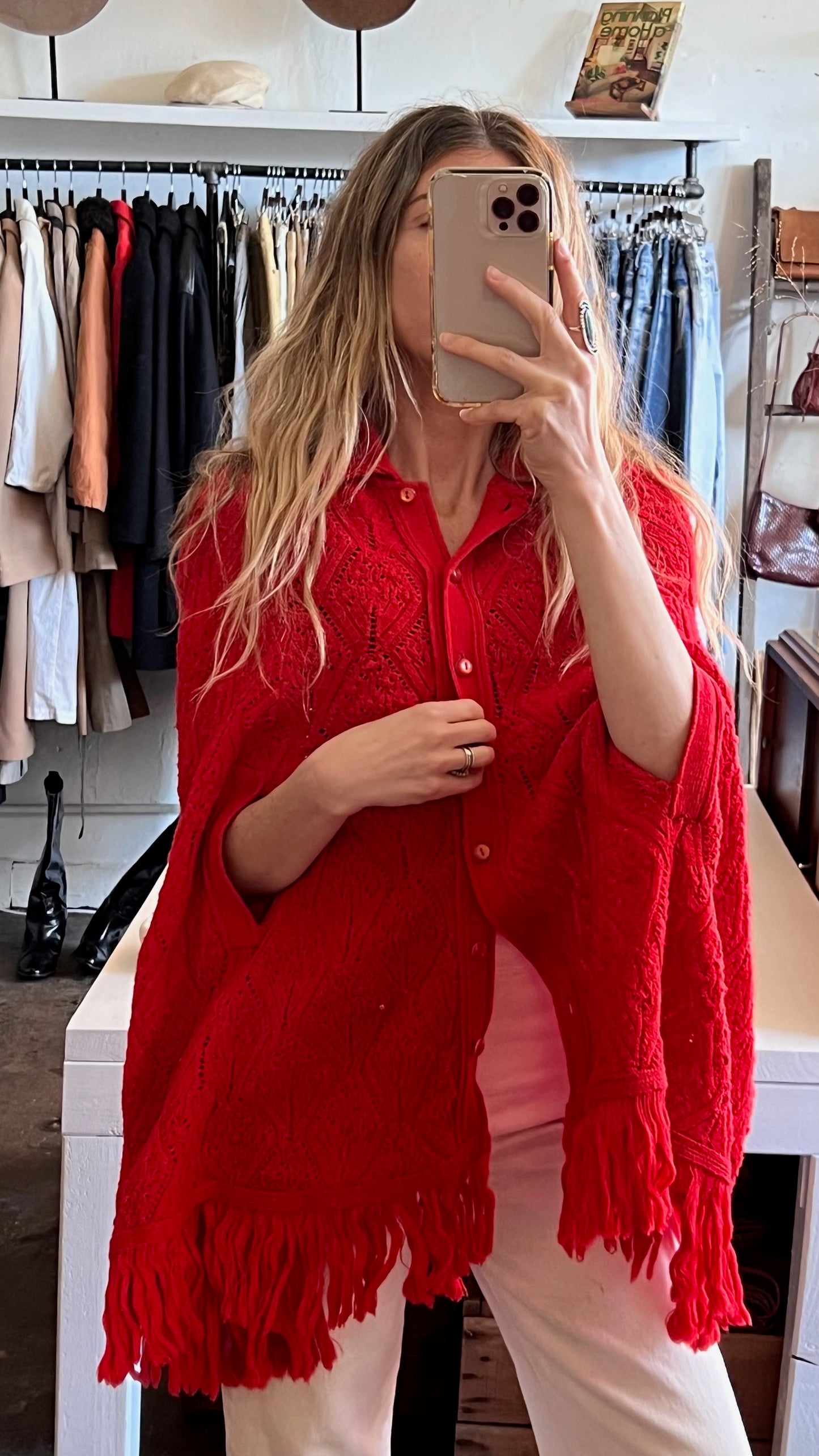 Vintage Crimson Knit Collared Ruana