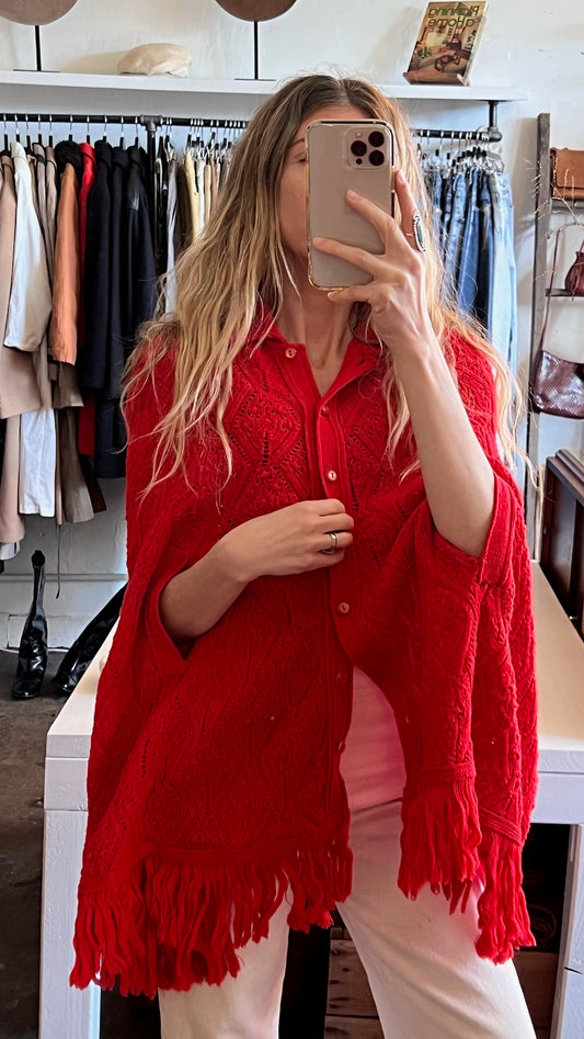 Vintage Crimson Knit Collared Ruana
