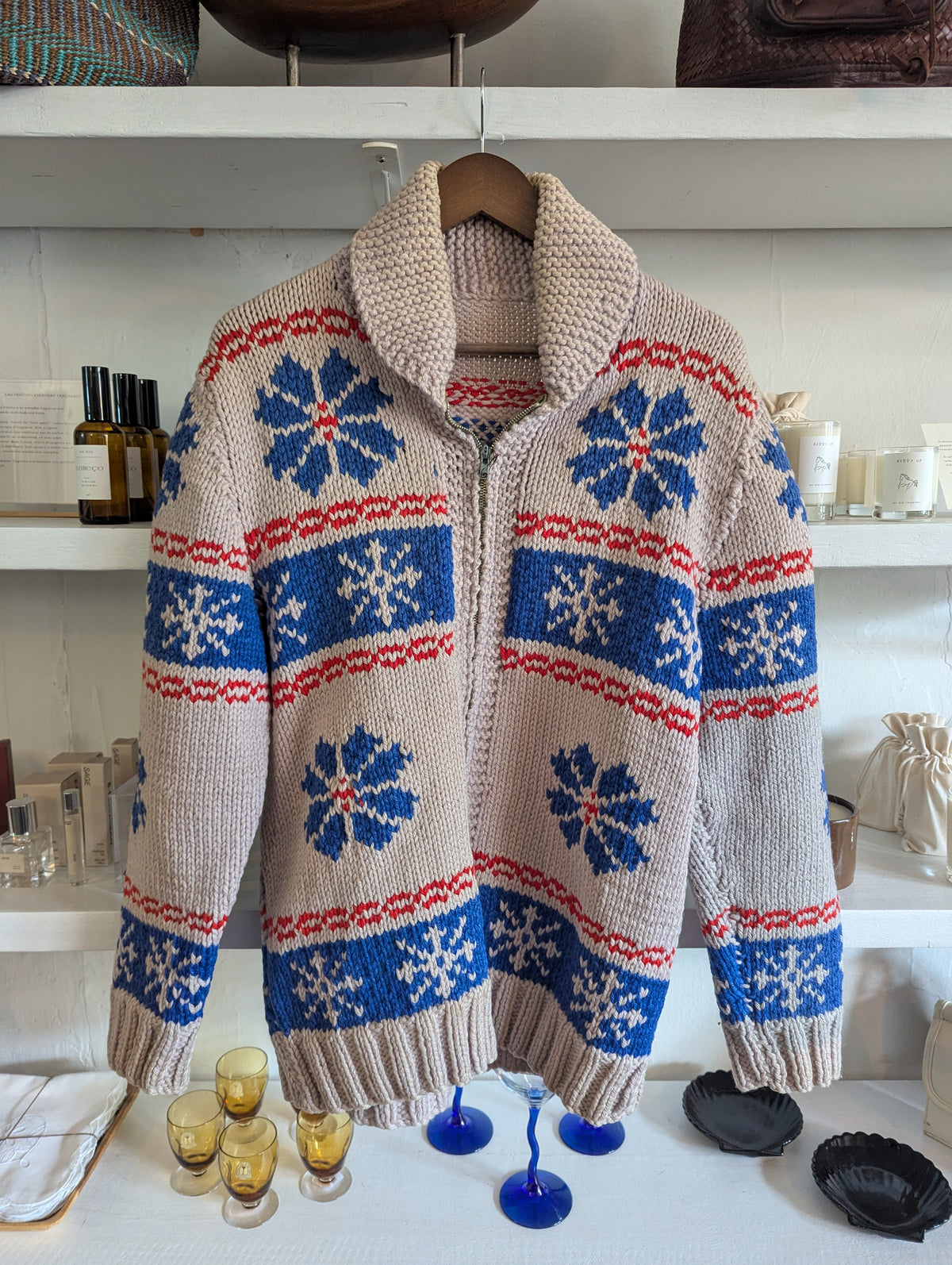 Vintage Chunky Knit Fair Isle Zip Sweater Jacket