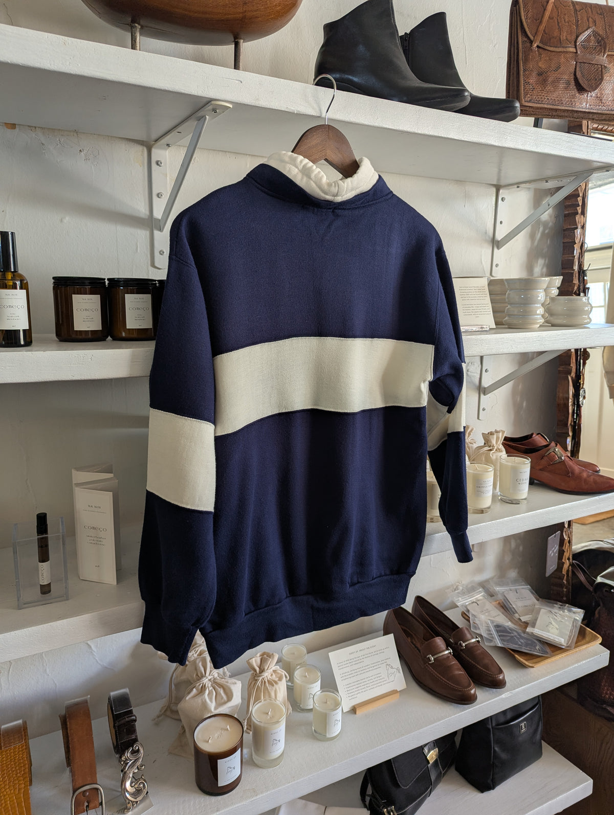 Vintage Funnel Neck White & Navy Popover