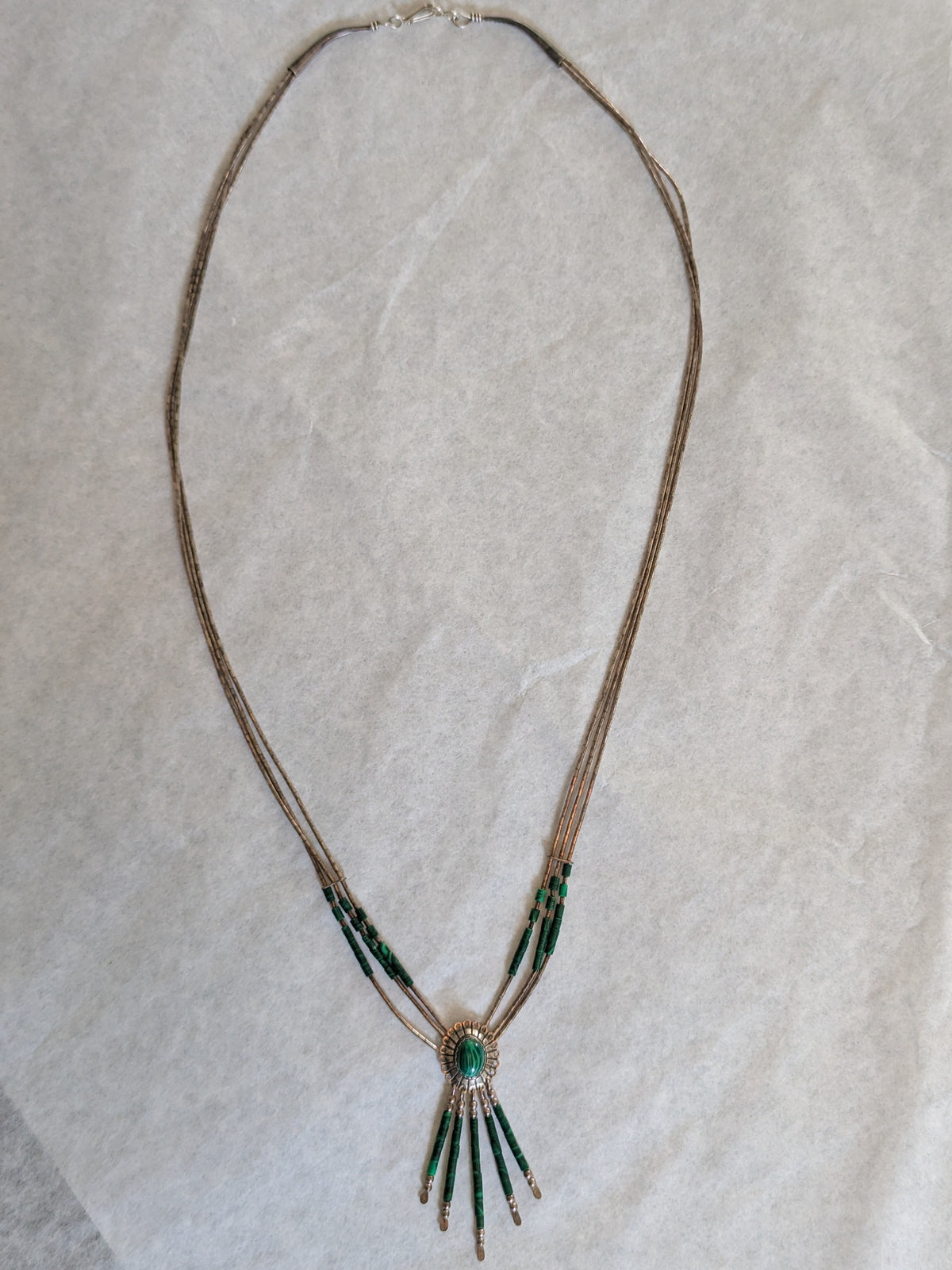 Vintage Malachite and Silver Fringe Pendant Multi-Strand Necklace