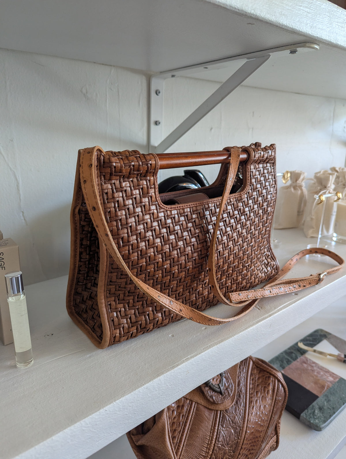 Vintage Fossil Woven Purse With Wood Handles