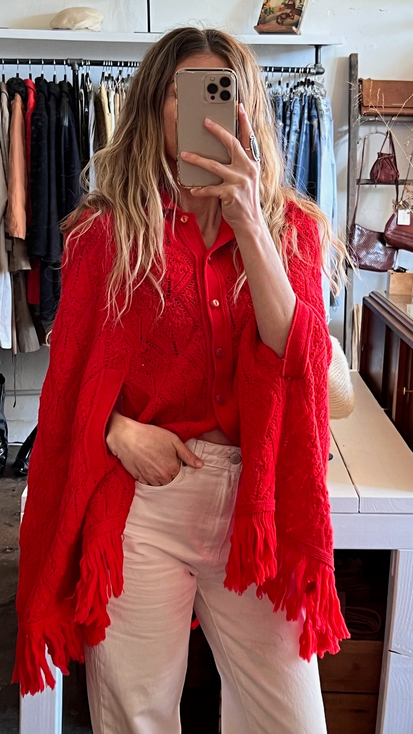 Vintage Crimson Knit Collared Ruana