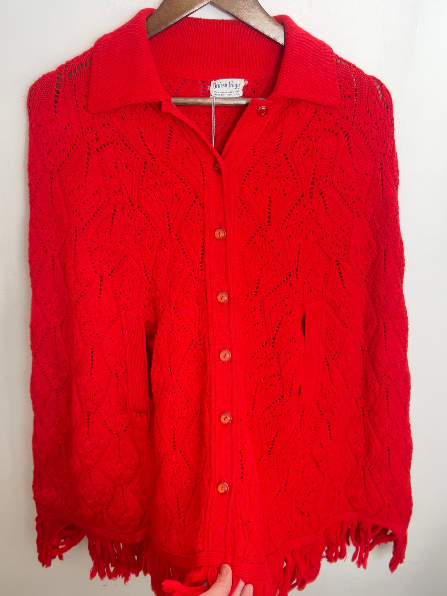 Vintage Crimson Knit Collared Ruana