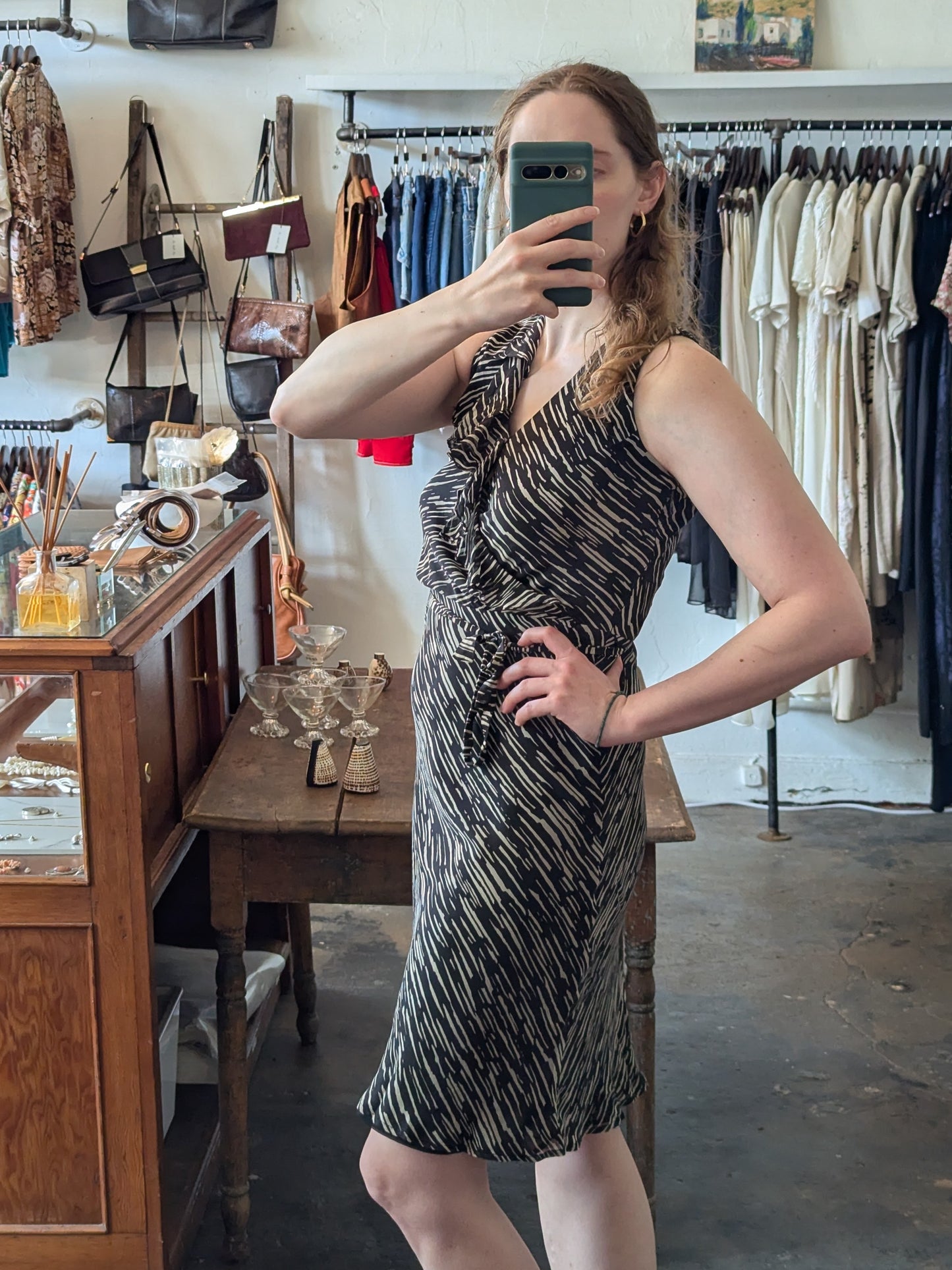 Vintage Silk Striped Ruffle Dress
