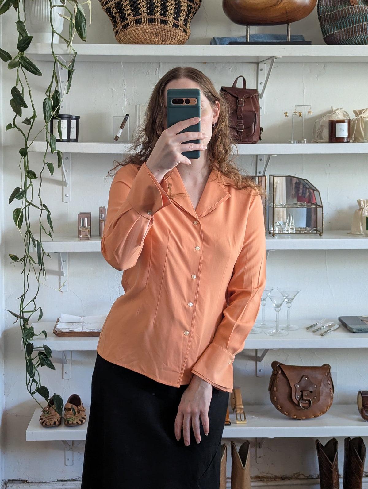 Vintage Salmon Silk Layered Collar Blouse