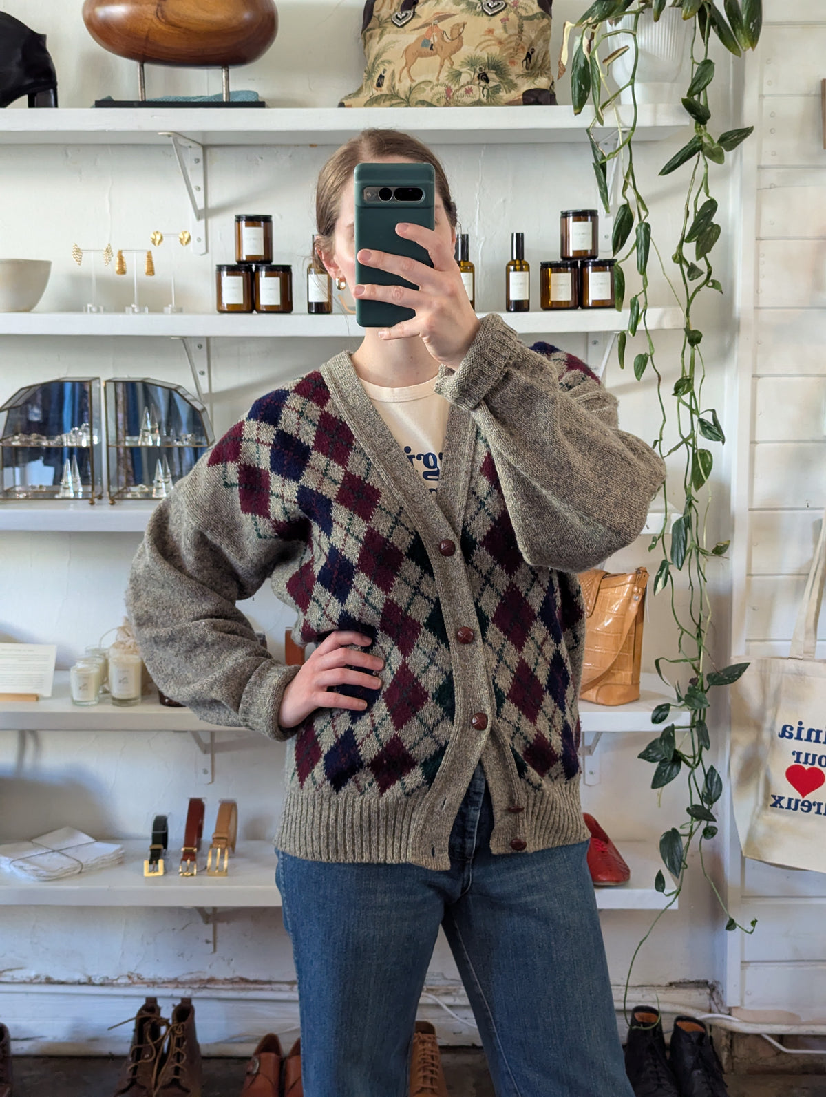 Vintage Oversized Argyle Wool Heathered Gray Cardigan