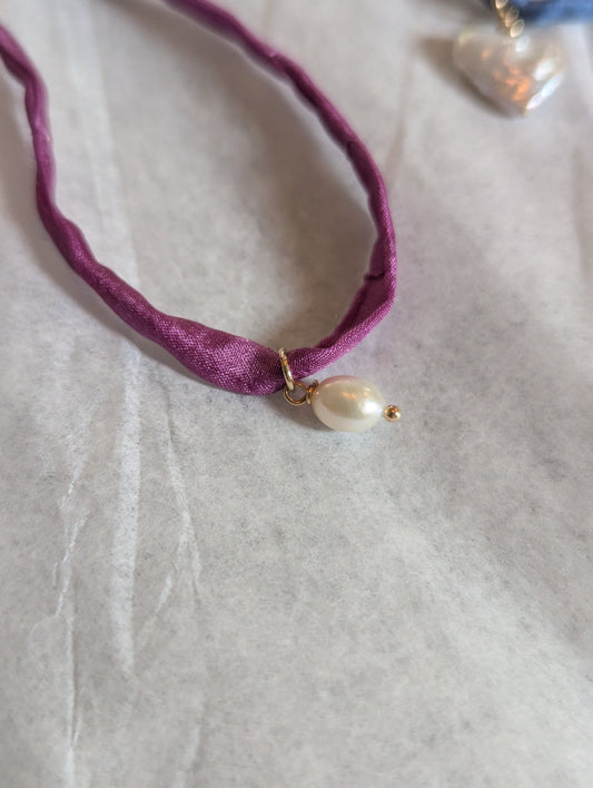 Oval Pearl and Silk Necklace by giantlion