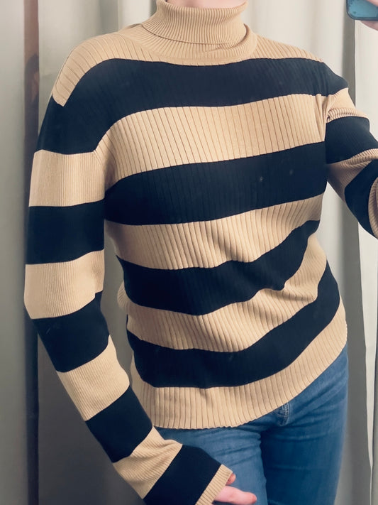 Vintage Warm Taupe Stripe-Pattern Turtleneck
