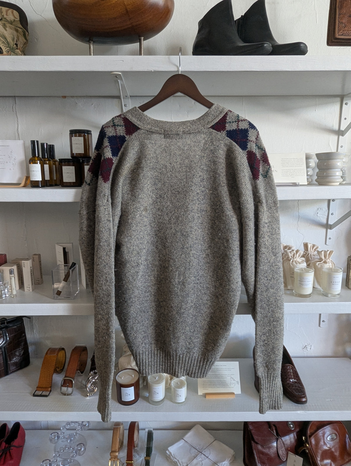 Vintage Oversized Argyle Wool Heathered Gray Cardigan