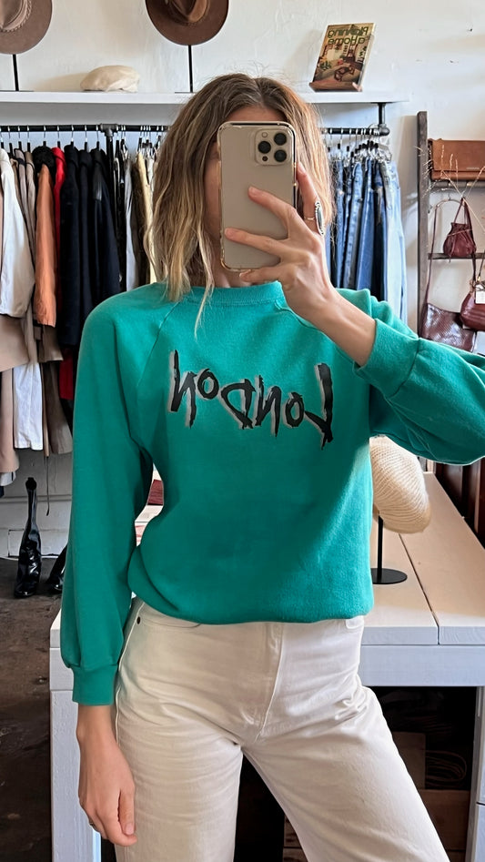 Vintage Teal-Hued 'London' Embellished Crewneck
