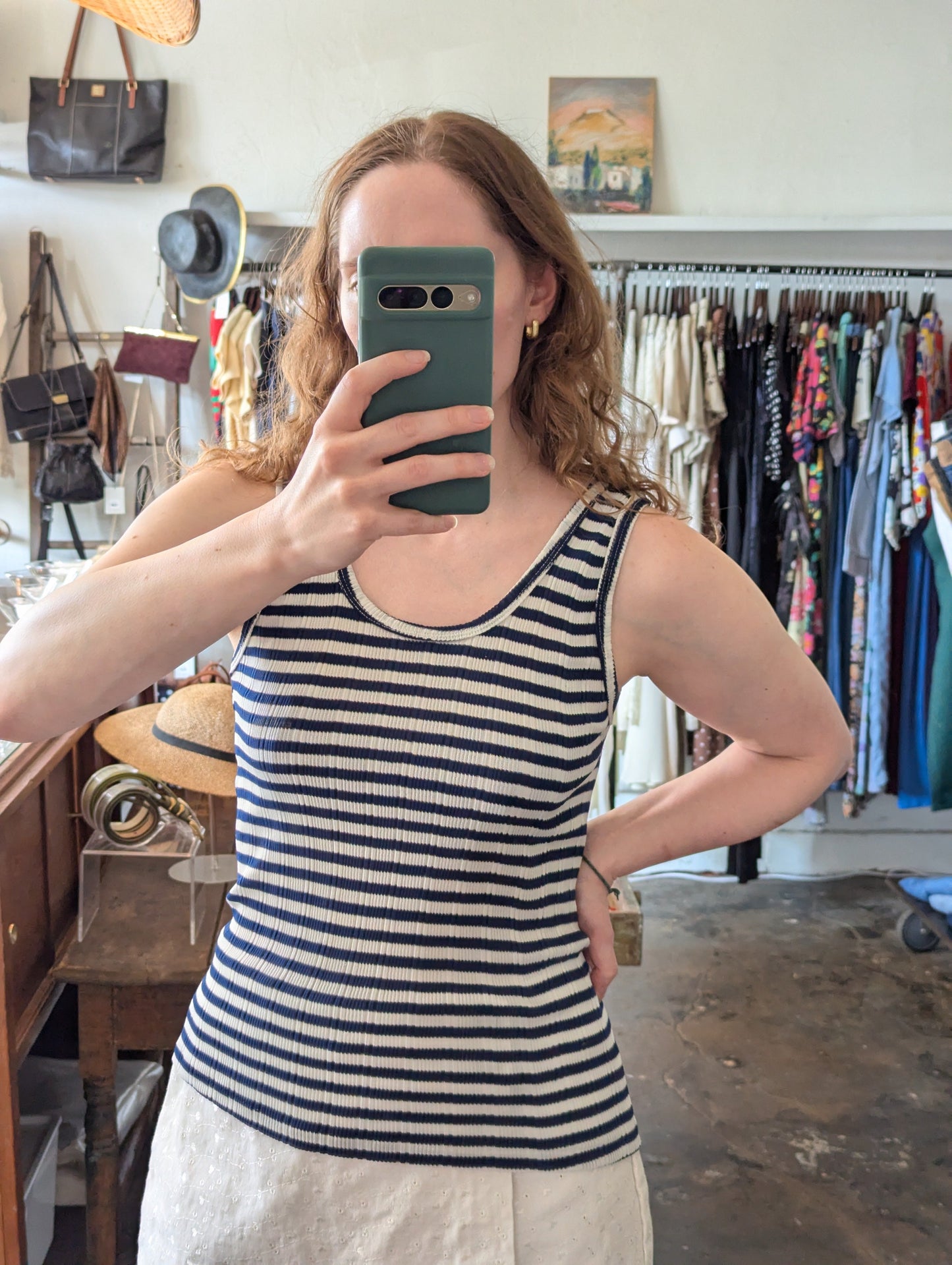Vintage Ribbed Knit Navy Stripe Tank Top