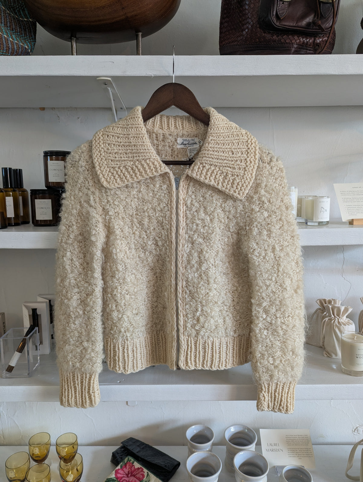 Vintage Natural Ivory Mohair Cropped Knit Zip Jacket