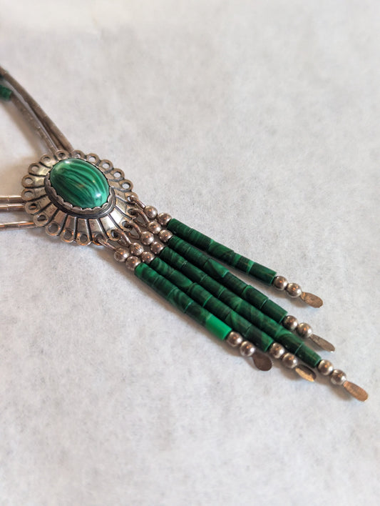 Vintage Malachite and Silver Fringe Pendant Multi-Strand Necklace
