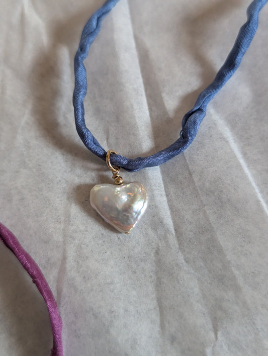 Pearl Heart and Silk Necklace by giantlion